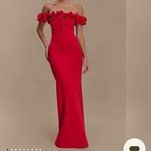 Meshki Nova Ruffle Off Shoulder Maxi Dress - Ruby